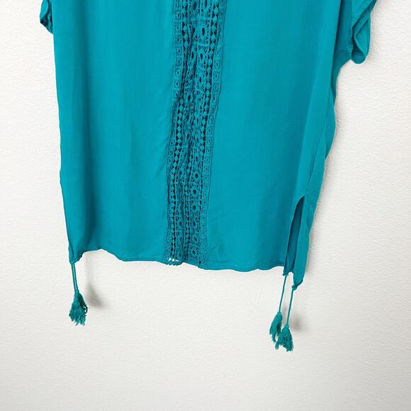 [Aimage] Teal V-Neck Crochet Lace Tasseled Side Slits Swim Coverup Sz Medium M - Picture 5 of 12